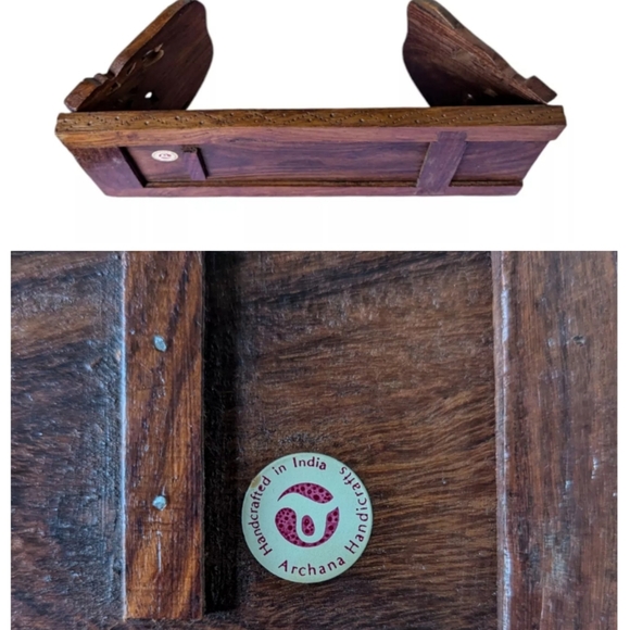 Vtg Ornate Handcarved Elephant Wood Slide Expandable Bookrack Ends Shelf India - Picture 12 of 16